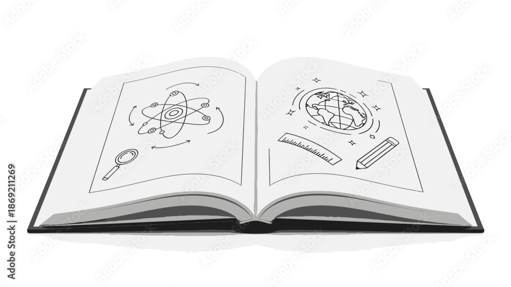 Fototapeta premium Open book with science and education sketches line art.