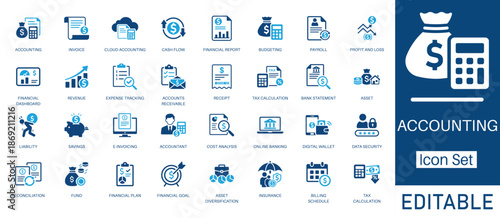 Accounting and Financial Management solid icon set. Includes symbols for Payroll, Profit and Loss, E-invoicing, and Budgeting. Solid vector icons for business tax, bookkeeping, and audit services.