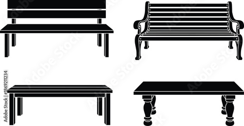 Bench and table silhouette vector, furniture design illustration, interior decor graphic art, seating and surface layout, cad drawing flat vector