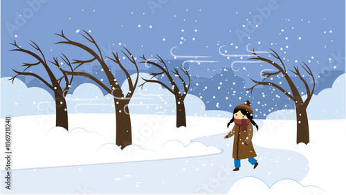 Winter illustration showing a young girl walking along a snowy path among bare trees during falling snow. Calm seasonal scene in soft blue tones, ideal for winter stories, children’s designs, and holi