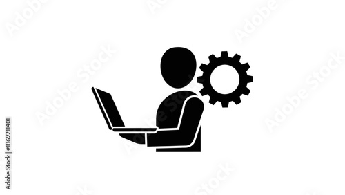IT Specialist or Admin working on laptop with gear icon isolated on white