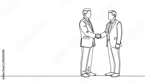 Continuous line drawing of two businessmen shaking hands, symbolizing a successful business agreement, partnership, and corporate collaboration