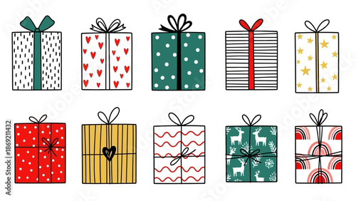 Collection of hand-drawn festive gift boxes adorned with unique doodle patterns and colorful bows, perfect for celebrations, holidays, and special occasions