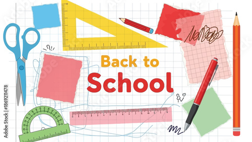 Back to School stationery flat lay illustration with pencils, rulers, and scissors on a checkered background, ready for education and learning activities
