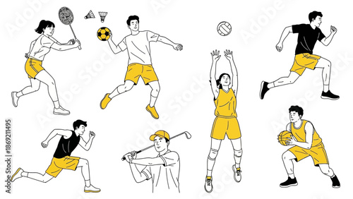 Energetic vector line art illustration set of diverse athletes in action, showcasing various sports activities for health and wellness concepts