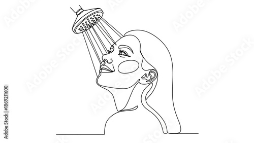 Elegant continuous line art capturing a serene woman under a refreshing shower, symbolizing daily cleansing, rejuvenation, and mindful self-care experience