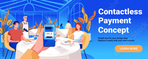Contactless payment concept restaurant mobile phone transaction modern dining table waiter blue background digital technology banner