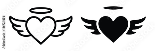 Angel heart symbols with wings and halos in black,Wings Love icon set. Includes Angel, Wings,Heart,Love,Valentine, and More. Outline icons vector collection.Heart with devil horns and a tail and heart