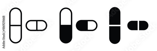 Variety of capsules and pills in different sizes and colors,Pills vector vector filled and outlined iconss collection,Pill capsule icon. Tablet icon. Pills capsules icon in flat style.