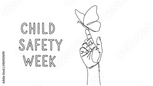 Line art drawing symbolizing protection for young lives; a delicate butterfly on a finger represents care, vulnerability, and a secure future