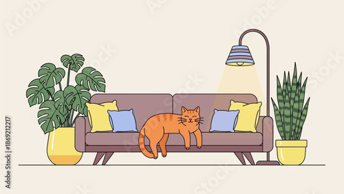 Ginger cat sleeping peacefully on a comfortable sofa in a cozy living room with lush houseplants and warm lamp light, perfect for relaxation