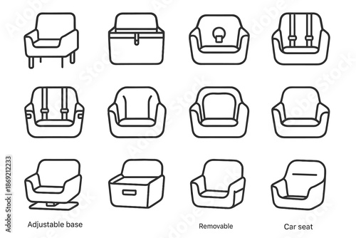 Vector pet booster removable nylon liner padded form seat travel car icon