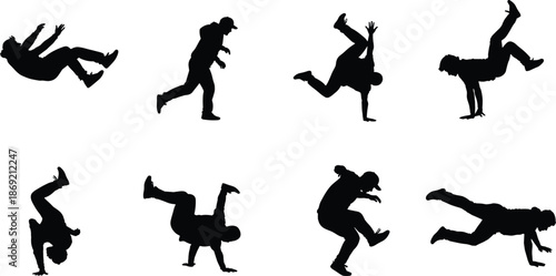 Breakdancer silhouettes, street dance moves, hip hop style, acrobatic poses, urban culture, athletic performance, freestyle motion, dynamic choreography, dance illustration