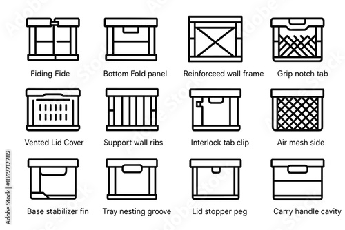 Panel vented mesh vector notch crate hinge folding icons tab wall icon