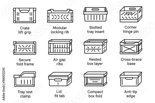 Ribs slotted tray lid vector corner icon nested box folding crate compact