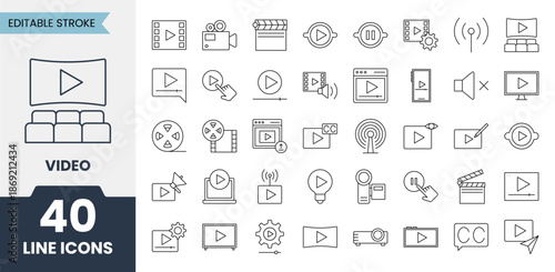 Video line icons set with editable stroke. Containing watching, camera, movie, cinema, media, play, live, production and more. Vector illustration