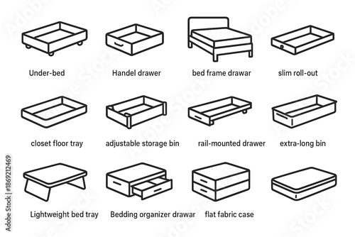 Vector lightweight icon case bin floor sliding tray storage bed icons closet
