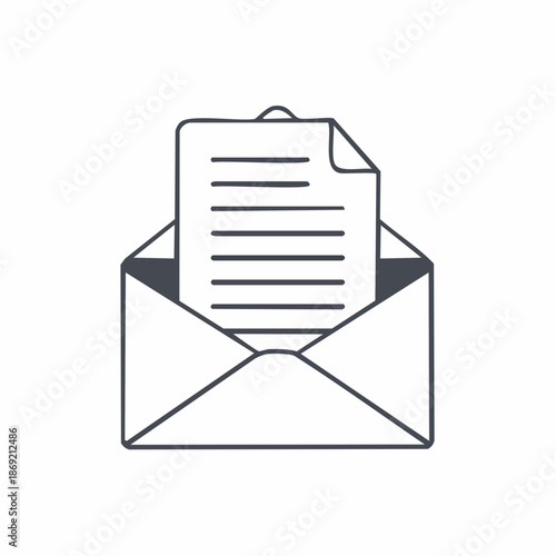 An open envelope with a document emerging from it on a plain white background viewed from directly above
