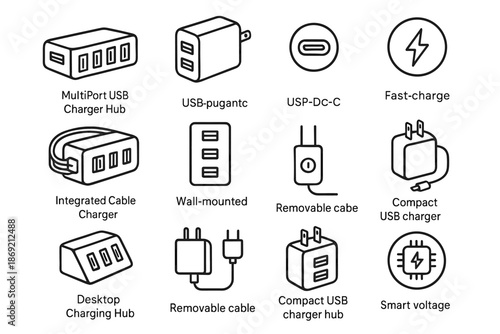 Icons vector charging light indicator icon station compact usb travel tabletop rectangular