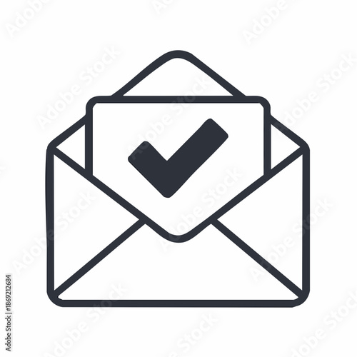 An open envelope with a checkmark inside on a plain white background viewed directly from the front