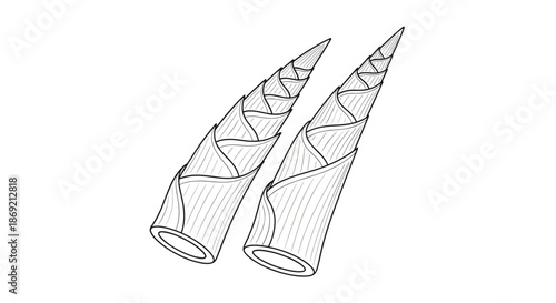 Detailed black and white line drawing of two bamboo shoots isolated on white background for Asian cuisine theme.