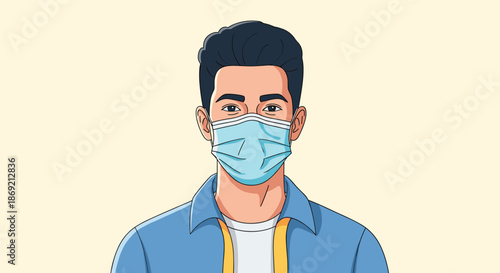 Portrait of young man wearing blue medical face mask for protection and health safety during viral pandemic period.
