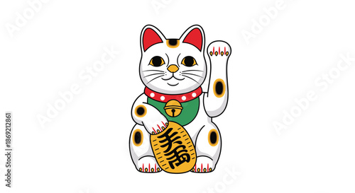 Traditional Japanese maneki-neko beckoning cat statue for good luck and prosperity isolated on white background.