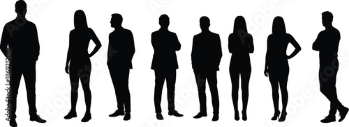 Business silhouettes, diverse professionals standing together, teamwork concept, leadership, office