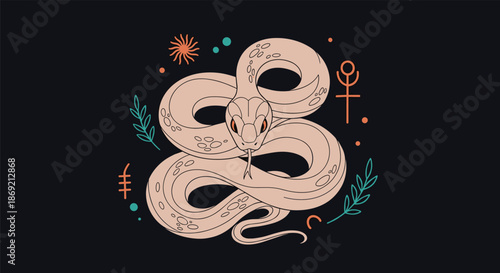 Coiled snake illustration surrounded by mystical symbols sun moon and plants on dark background for esoteric theme.