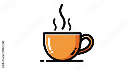 Simple outline illustration of warm cup of coffee or tea with rising steam representing breakfast and break time.