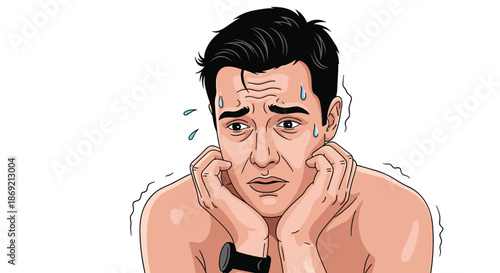 Anxious man sweating and trembling with nervous expression holding hands up to face in state of panic and distress.