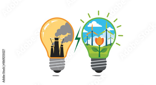 Concept of clean energy versus pollution shown by two lightbulbs representing renewable and fossil fuel power sources.
