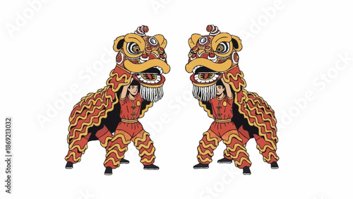 Dynamic illustration of two pairs of performers in traditional red and gold Chinese lion dance costumes.