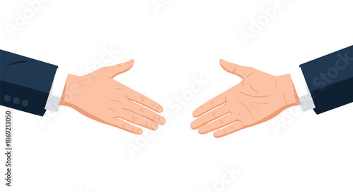 Handshake concept featuring two hands in professional business suits reaching out to agree on deal against white space.