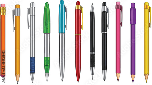 Cad drawing flat vector illustration, assorted pencil and pen collection, colorful writing tools clipart for stationery and design