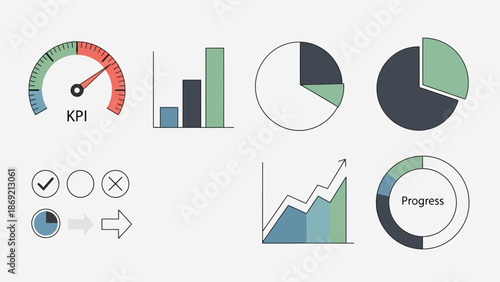 Set of business analytics and progress tracking infographics and charts
