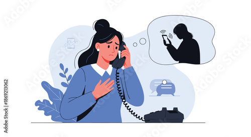 Sad woman talking on old telephone while thinking about another person using smartphone shown in thought bubble vision.