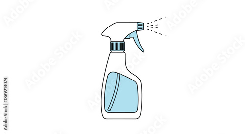 Simple outline illustration of plastic spray bottle filled with blue cleaning liquid spraying mist for hygiene use.