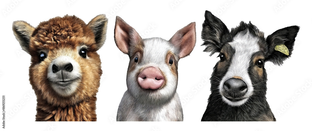 Fototapeta premium Cute Mini Farm Animals Collection with Fluffy Alpaca, Pig, and Cow Illustrations