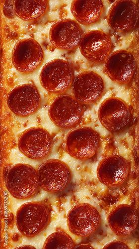 Overhead Macro View of a Freshly Baked Detroit Style Pepperoni Pizza with Melted Cheese and Cupped Meat