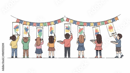 A group of diverse children enthusiastically painting colorful abstract art on canvases hung from a festive banner.