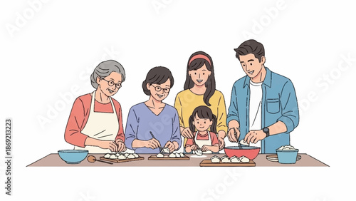 A happy multi-generational Asian family, including grandparents, parents, and children, joyfully making traditional dumplings together at a kitchen table.