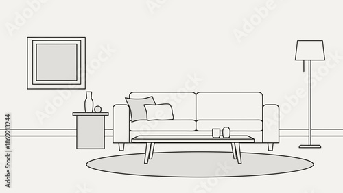 Minimalist Line Art Illustration of a Modern Living Room Interior Design Layout with Furniture and Decor