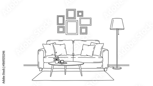 Cozy and stylish living room illustration with a couch, coffee table, and framed art