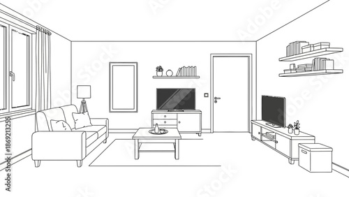 Minimalist Line Art Living Room Interior Design with Sofa, TV, and Shelving