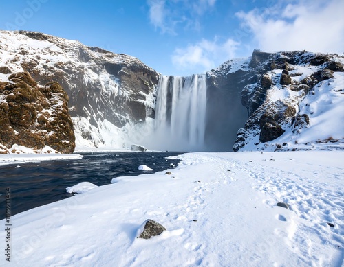 Winter waterfall in a snowy landscape © Abadi