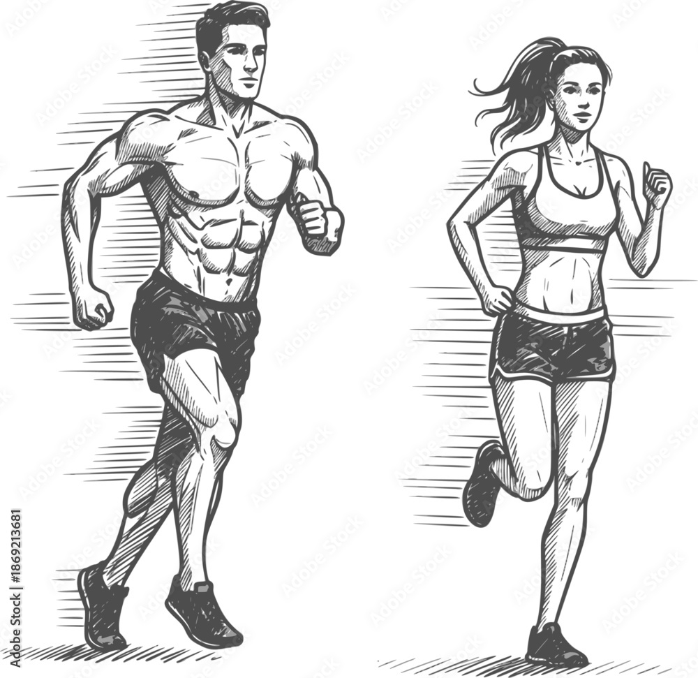 Fototapeta premium Running man and woman, isolated vector charcoal silhouettes. Run, side view. Charcoal sketches of athletic looking male and female runners running. Transparent background EPS version.