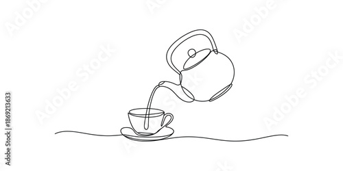 Continuous one line drawing of Teapot pouring tea into a cup, Single line art vector illustration.