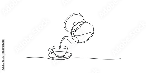 Continuous one line drawing of Teapot pouring tea into a cup, Single line art vector illustration.