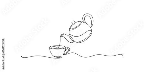Continuous one line drawing of Teapot pouring tea into a cup, Single line art vector illustration.